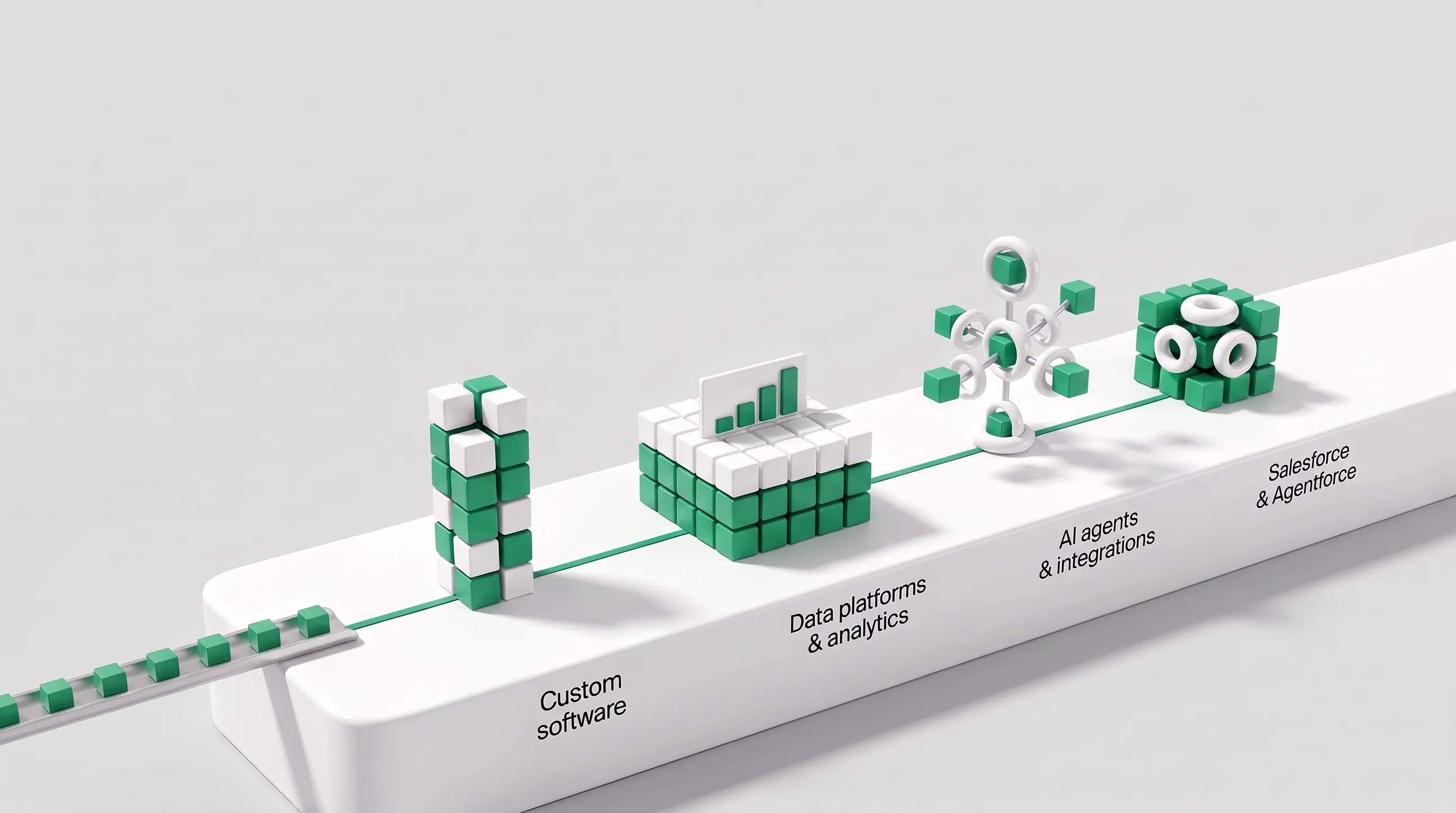 Four products built from the same emerald units stand on a long white plinth: custom software, data platforms and analytics, AI agents and integrations, Salesforce and Agentforce.